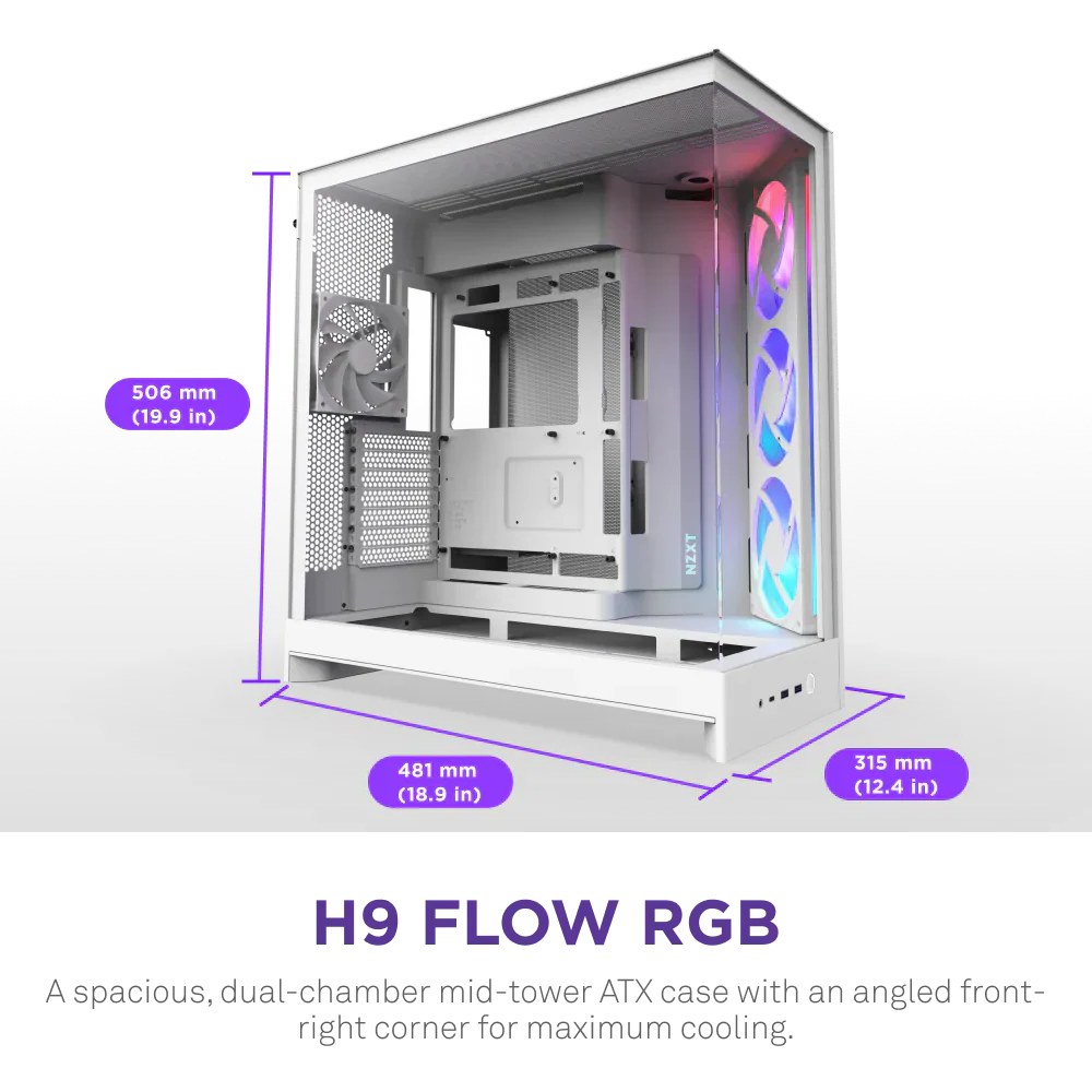 Nzxt H9 Flow Rgb (2025) Dual-Chamber Mid Tower Case With Rgb Fans All White