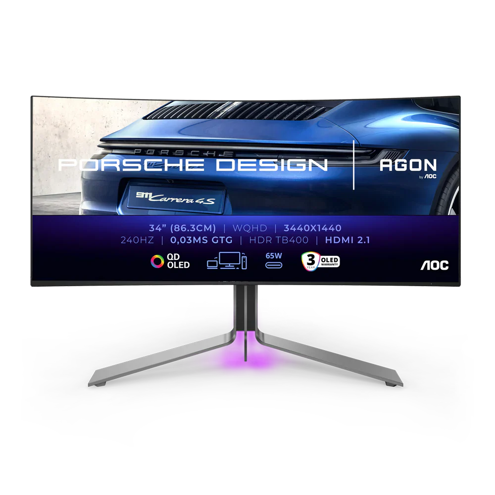 Aoc Pd34 Porsche Design 34 Inch 240Hz Wqhd Hdmi 2.1 0.03Ms Qd Oled Curved Gaming Monitor Black