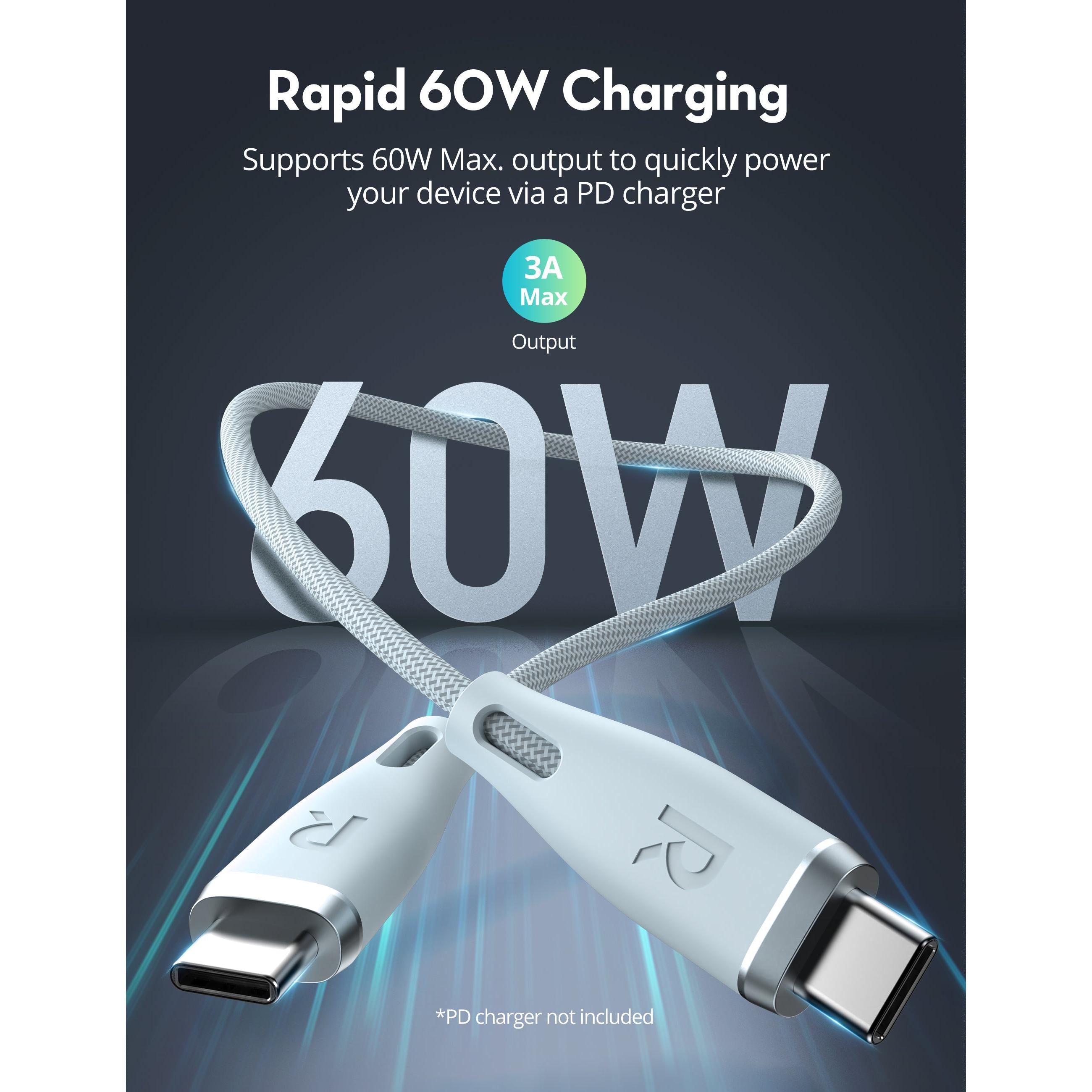 Ravpower Rp-Cb1037 60W C-C 1.2M Usb2.0 3A Cable Light Blue