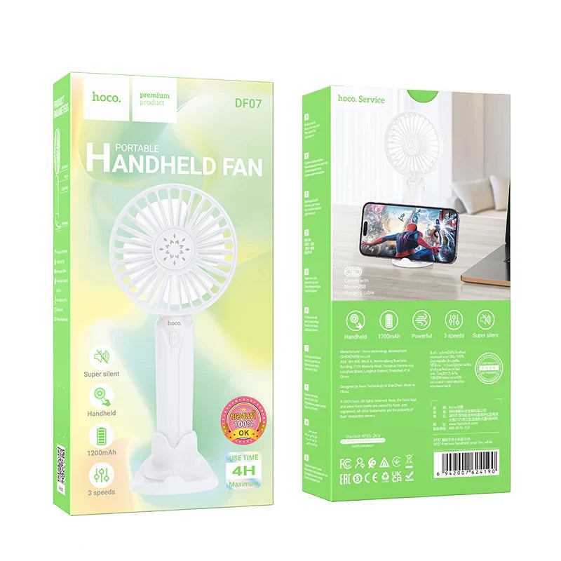 HOCO DF07 Mini Handheld Fan 1200 mAh Battery with Phone Holder - White