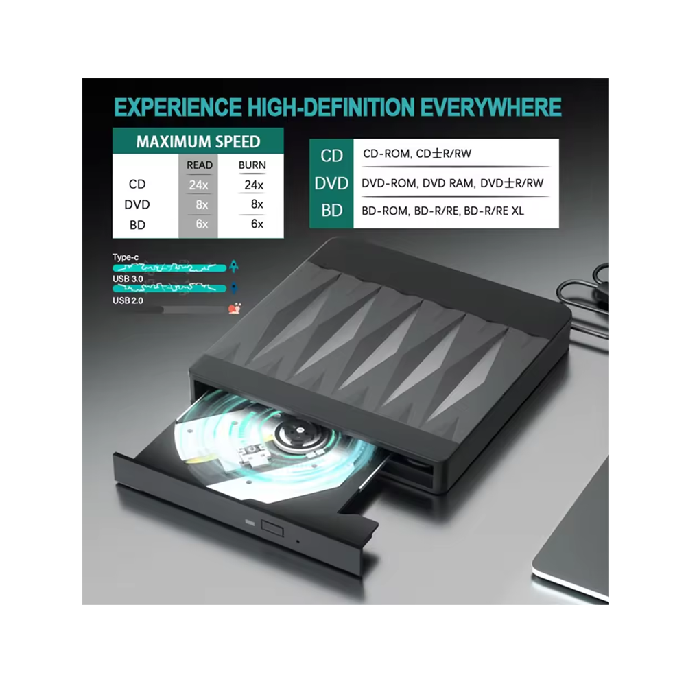 2in1 External Blu-ray Drive BD DVD CD -/+RW Reader Writer, Dual Port USB-A / USB-C