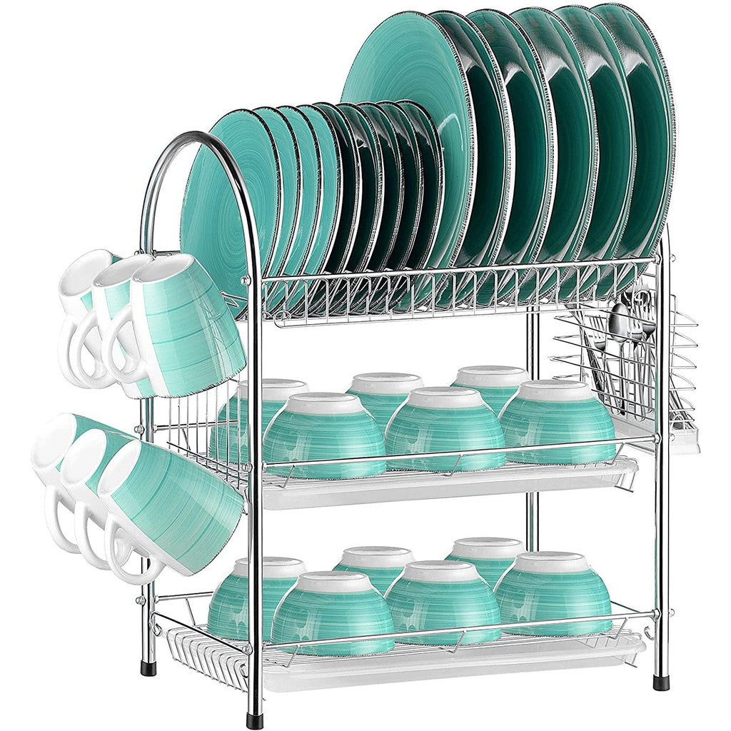 3 Tier Stainless Steel Dish Dring Rack With Mug Holder & Cutlery Drainer