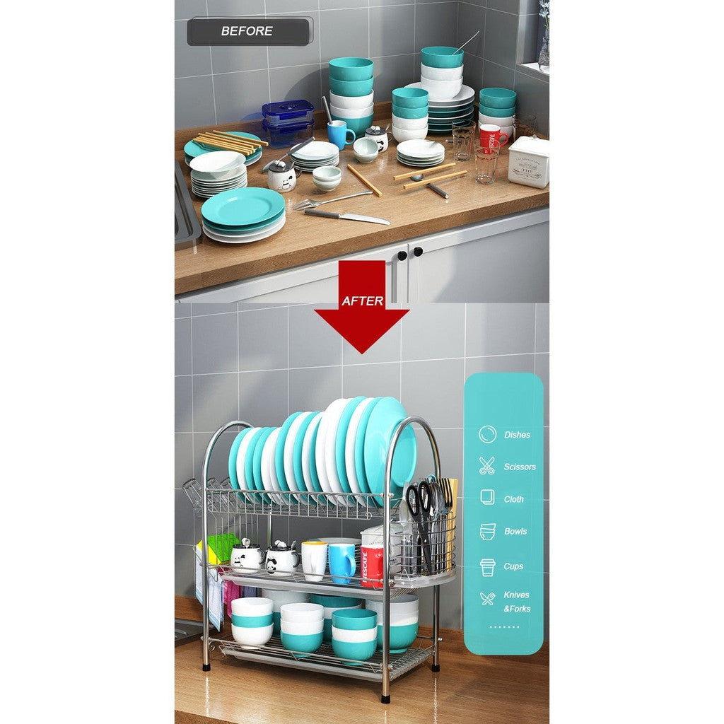 3 Tier Stainless Steel Dish Dring Rack With Mug Holder & Cutlery Drainer