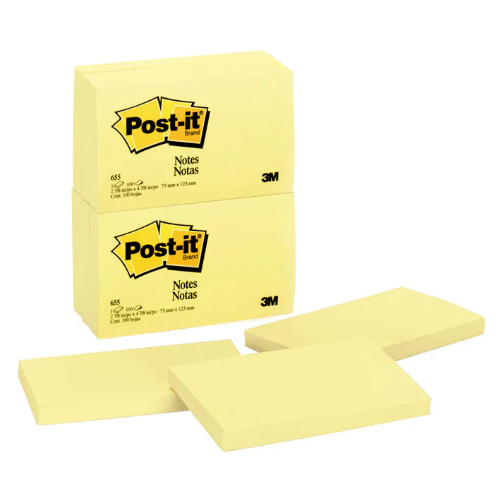3M Post-it Notes 655, 3 in x 5 in, (76 mm x 127 mm) Canary Yellow Dozen