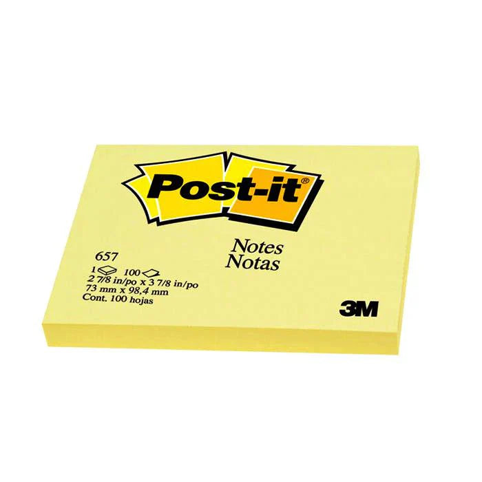 3M Post-it Notes 657, 3 in x 4 in (73 mm x 98.4 mm) Canary Yellow Dozen