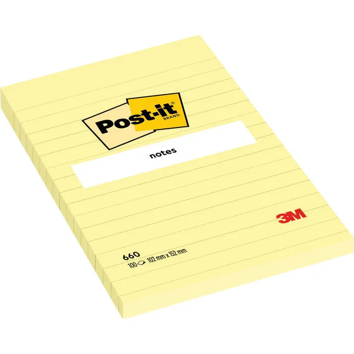 3M Post-it® Notes Canary Yellow 660. 4 x 6 in (101 mm x 152 mm). 100 sheets/pad, 12 pads/Pack. Lined Dozen