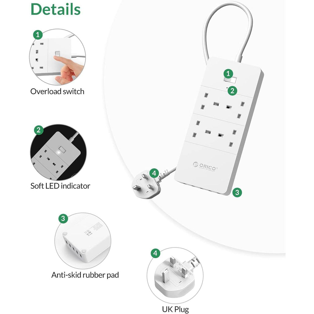 ORICO 4 AC Outlets and 5 USB Charger Surge Protector - White