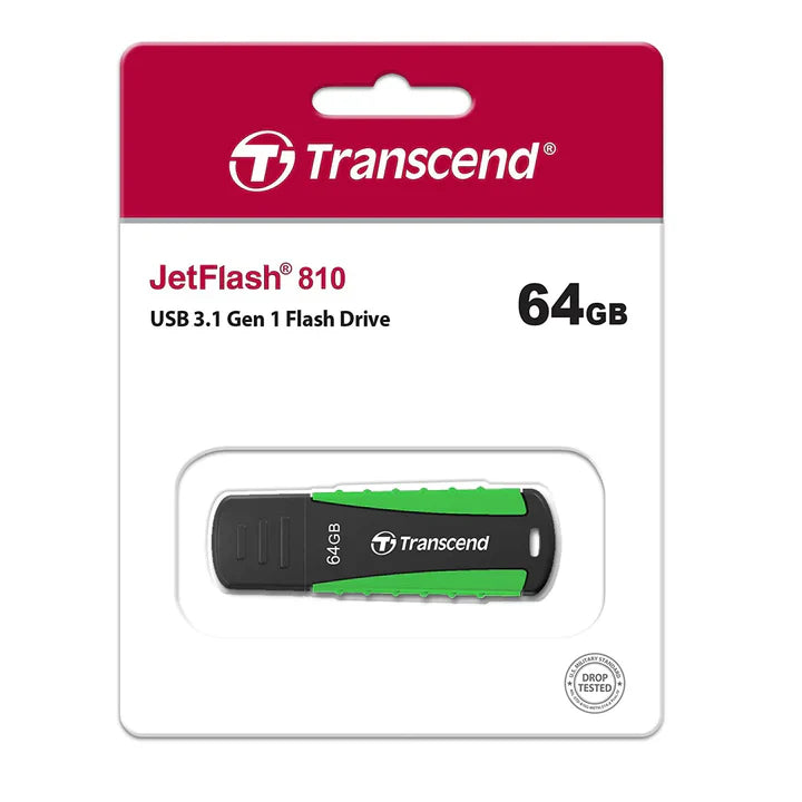 Transcend 64GB JetFlash 810 USB 3.1 Gen 1 Flash Drive Rugged Rubber Design Up to 90MB/s Speed - Green