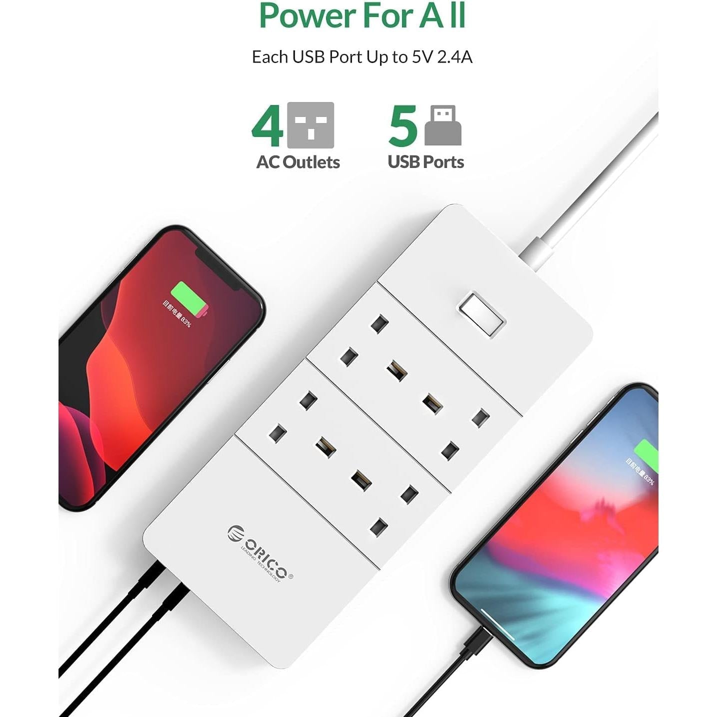 ORICO 4 AC Outlets and 5 USB Charger Surge Protector - White