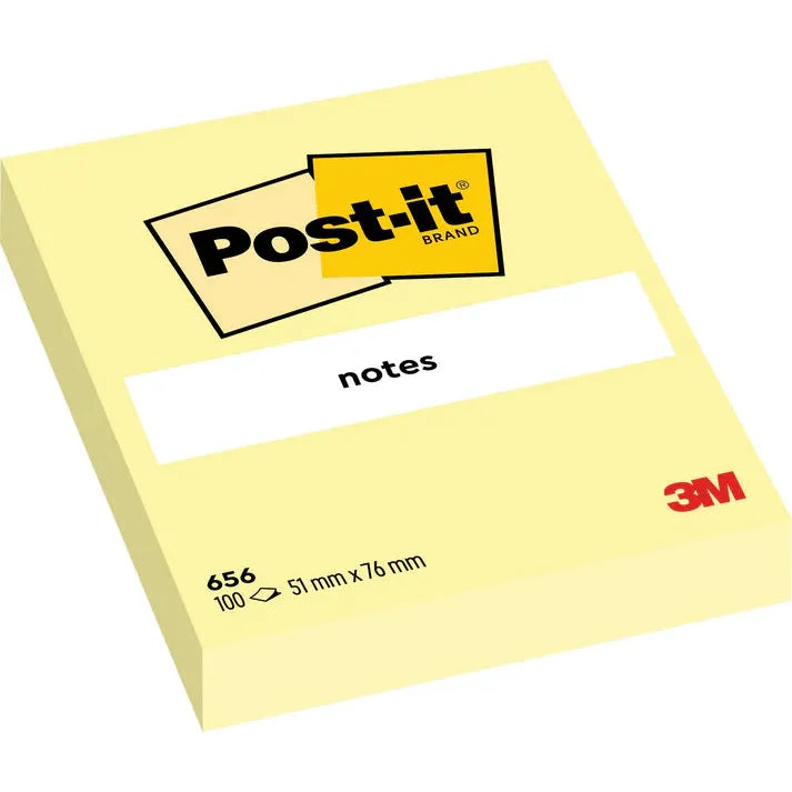 3M Post-it® Notes Canary Yellow 656. 2 x 3 in (51 mm x 76 mm), 100 sheets/pad, 12 pads/Pack Dozen