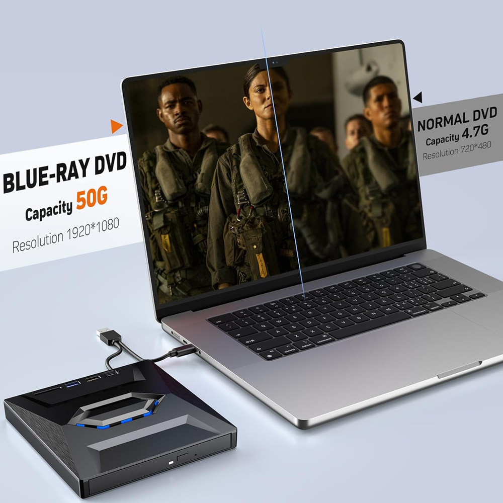 6in1 Portable Blu-ray Drive BD DVD CD -/+RW Reader Writer, External Blu Ray, Dual Port USB-A / USB-C