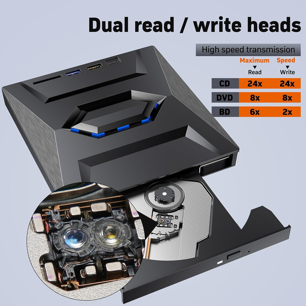 6in1 Portable Blu-ray Drive BD DVD CD -/+RW Reader Writer, External Blu Ray, Dual Port USB-A / USB-C