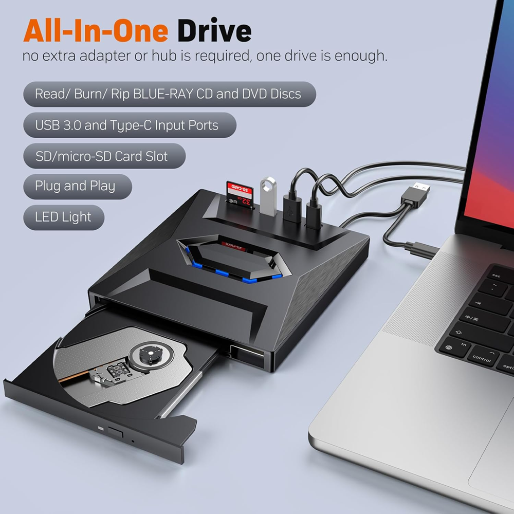 6in1 Portable Blu-ray Drive BD DVD CD -/+RW Reader Writer, External Blu Ray, Dual Port USB-A / USB-C