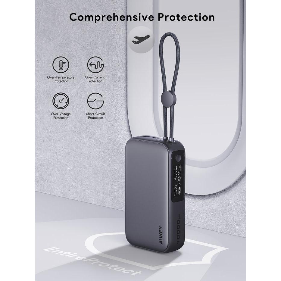 AUKEY PB-Y47 Spark Sling Power Bank with Built-in USB-C Cable - 30W / 10,000mAh / USB-C / Grey