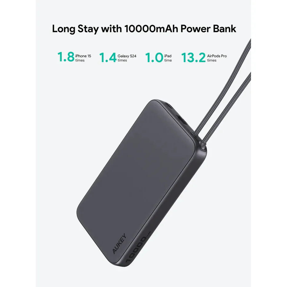 AUKEY PB-Y53 Spark Sling Lite Slim Power Bank with Built-in USB-C Cable - 15W / 10,000mAh / USB-C / Grey