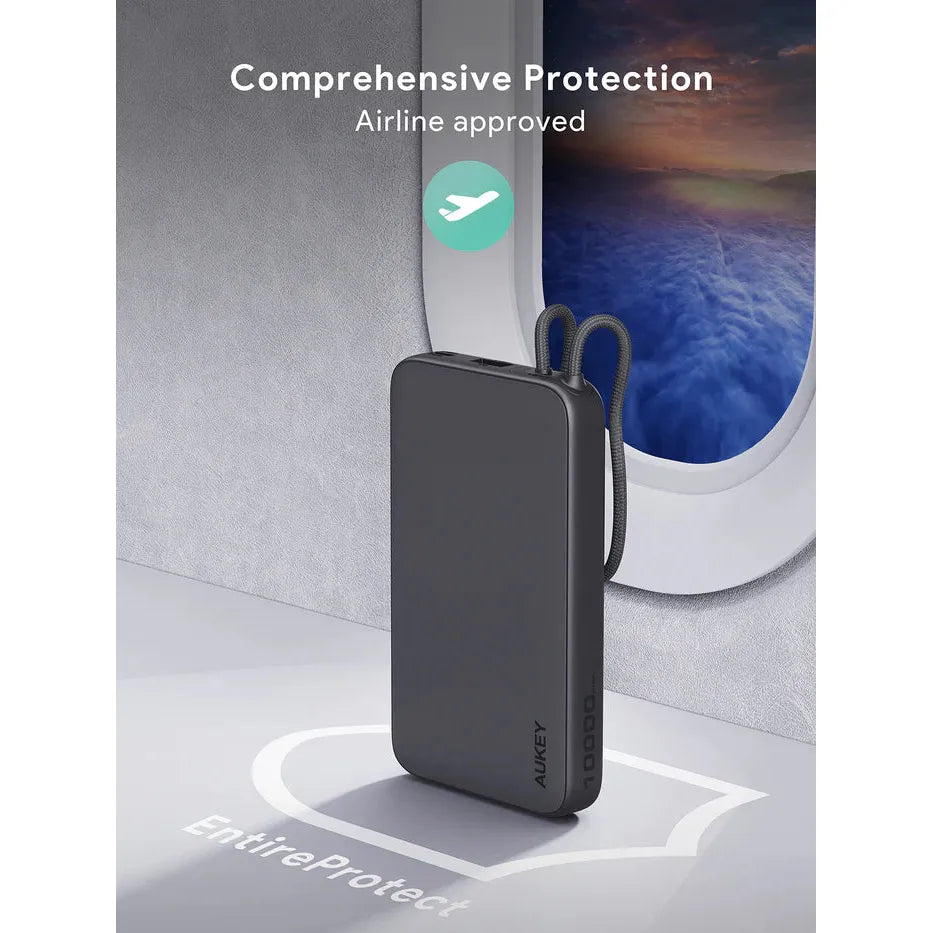 AUKEY PB-Y53 Spark Sling Lite Slim Power Bank with Built-in USB-C Cable - 15W / 10,000mAh / USB-C / Grey