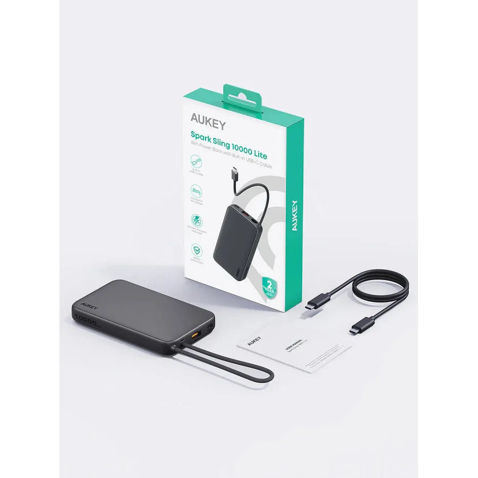 AUKEY PB-Y53 Spark Sling Lite Slim Power Bank with Built-in USB-C Cable - 15W / 10,000mAh / USB-C / Grey