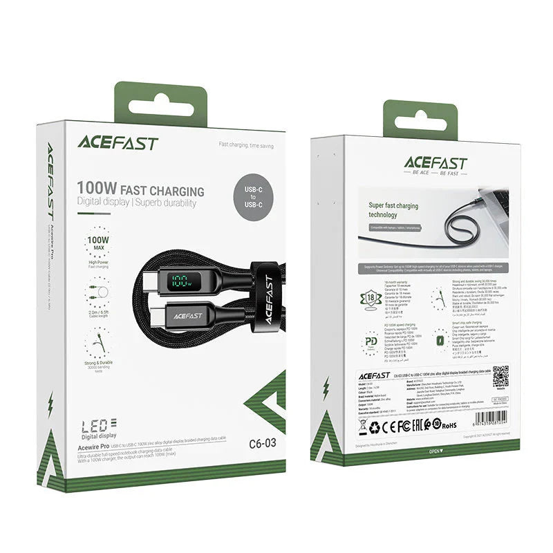 AceFast C6-03 USB-C to USB-C 100W zinc alloy digital display braided charging data cable