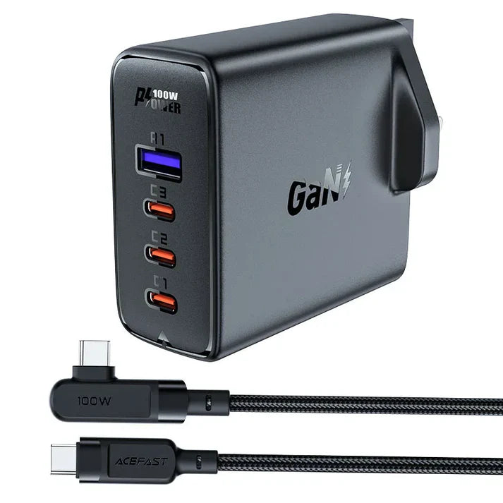 Acefast A40 GaN 100W Fast Charger – UK Plug + 4 Ports & Cable