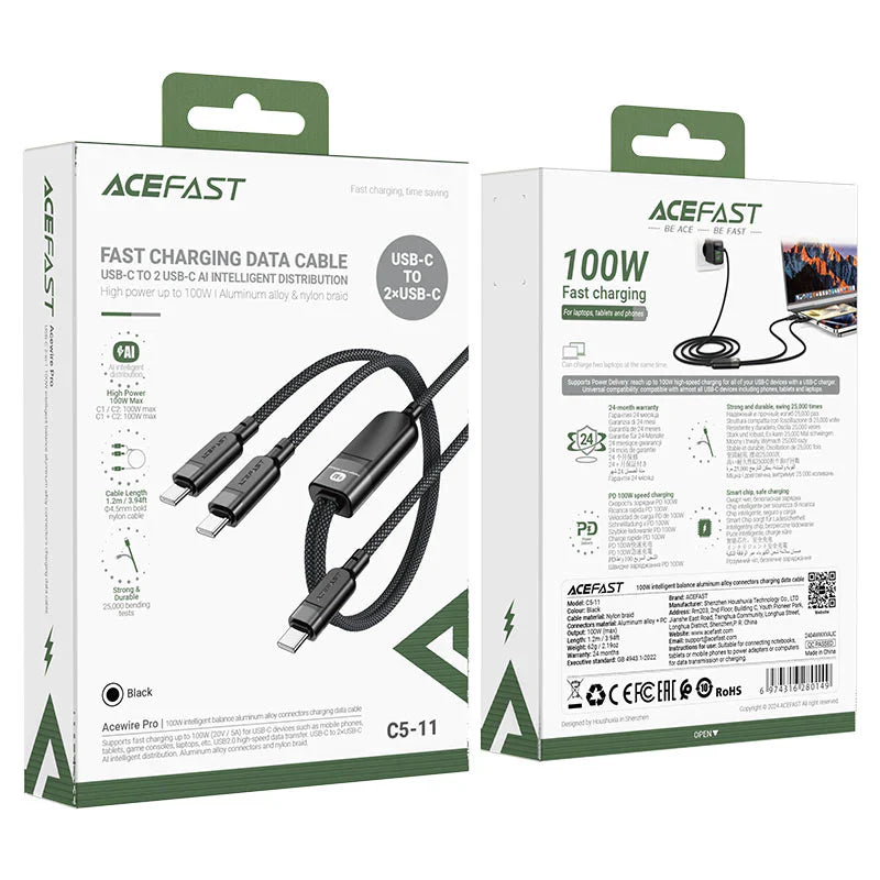 Acefast C5-11 USB-C to 2xUSB-C Cable – 100W Fast Charge | 1.2m