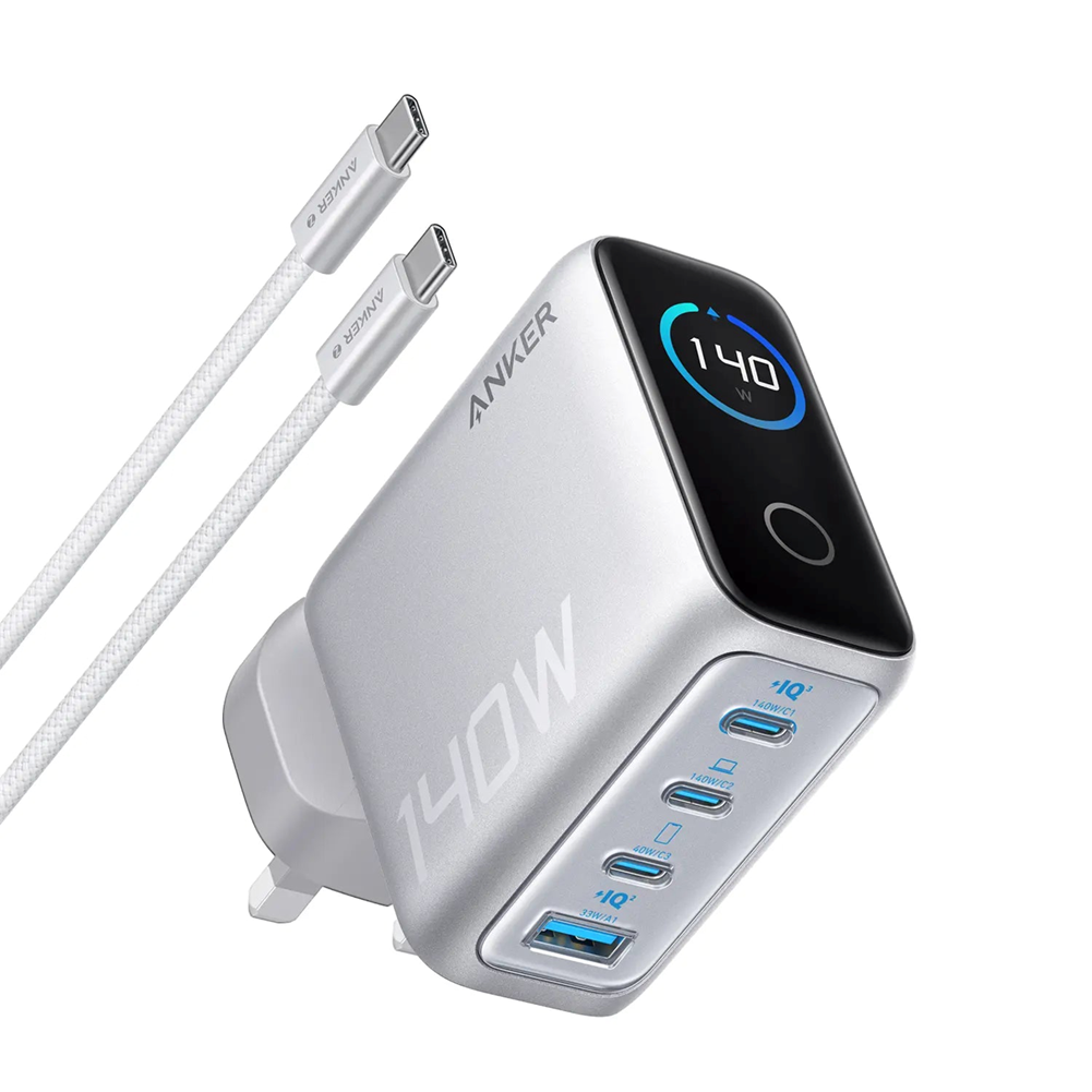 Anker Charger B2697 140W, 4-Port PD 3.1 USB-C GaN Fast Charging Adapter with Smart Display – Silver