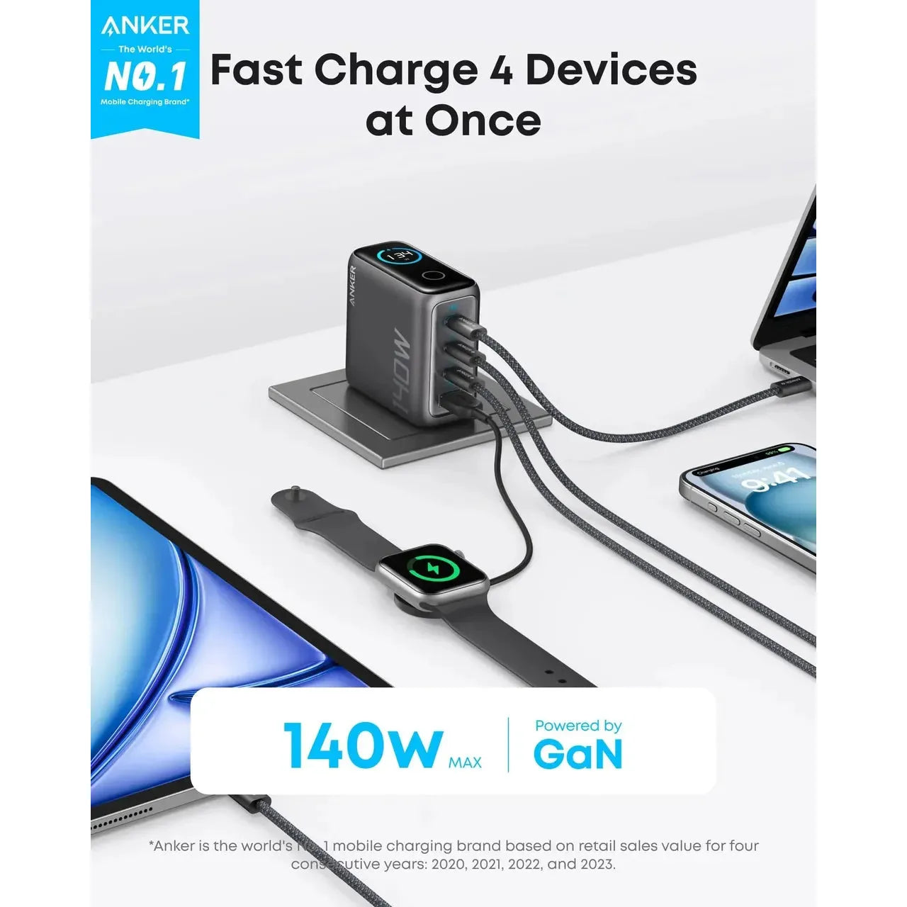 Anker PD Fast Charger 140W, 4-Port, PD 3.1 with USB-C Cable Dark Grey