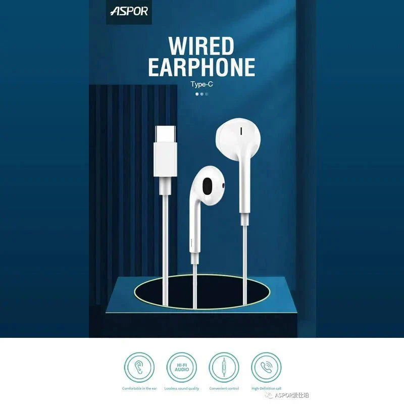 Aspor A215 Wired Earphone - Wired / 1.2 Meters / USB-C / White