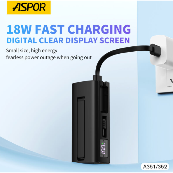 Aspor A352 Portable Power Bank - 5000mAh / 22.5W / Type-C / Black
