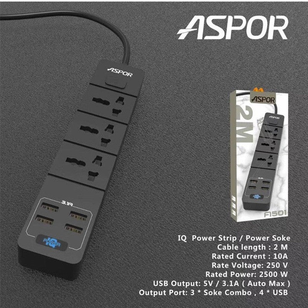 Aspor A501 Power Strip 3X Soke Combo 4 Usb Output Port Uk Plug