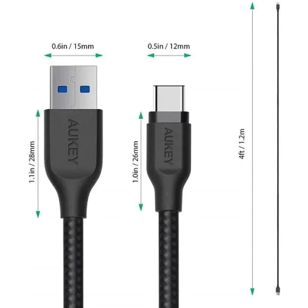 Aukey Braided Nylon Usb 3.1 Gen1 To Usb-C 1.2M Cable - Black