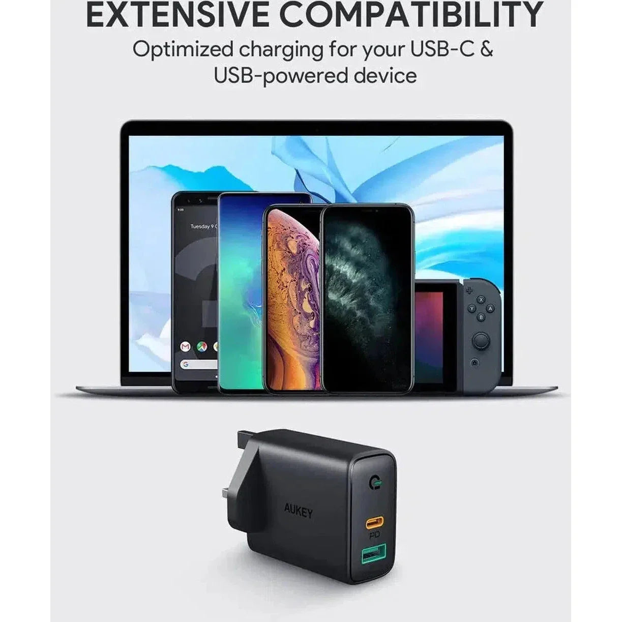 Aukey Pa-D1 Dual-Port 30W Pd Wall Charger With Dynamic Detect - Black