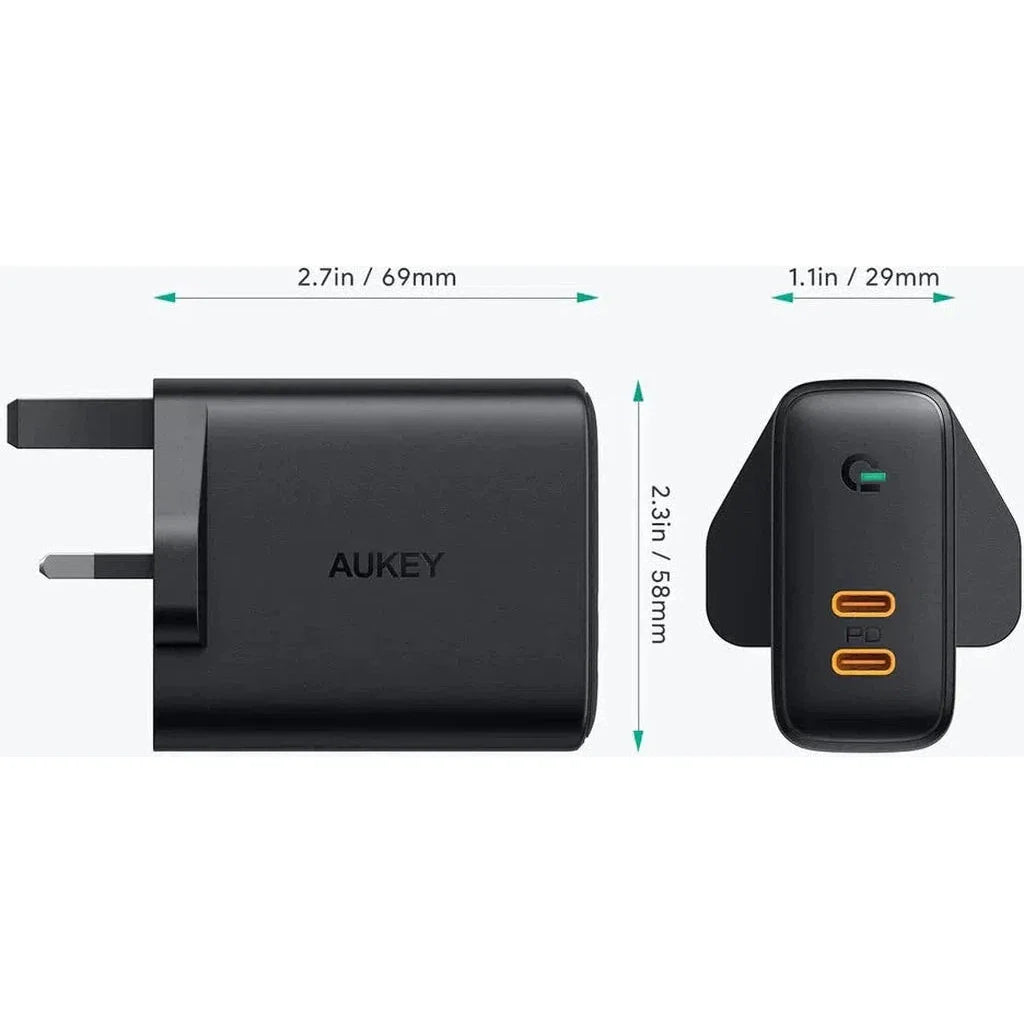 Aukey Pa-D2 Bk Dual-Port 36W Pd Wall Charger With Dynamic Detect With C To C Cable