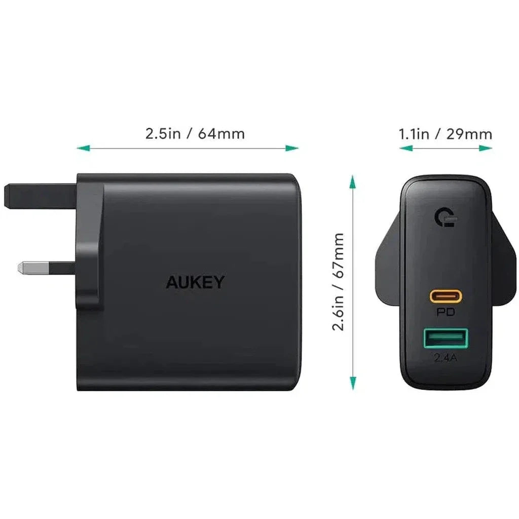 Aukey Pa-D3 Bk Dual-Port 60W Pd Wall Charger With Dynamic Detect With C To C Cable