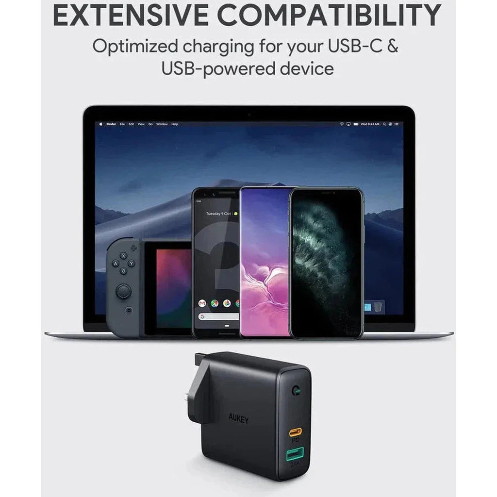 Aukey Pa-D3 Bk Dual-Port 60W Pd Wall Charger With Dynamic Detect With C To C Cable