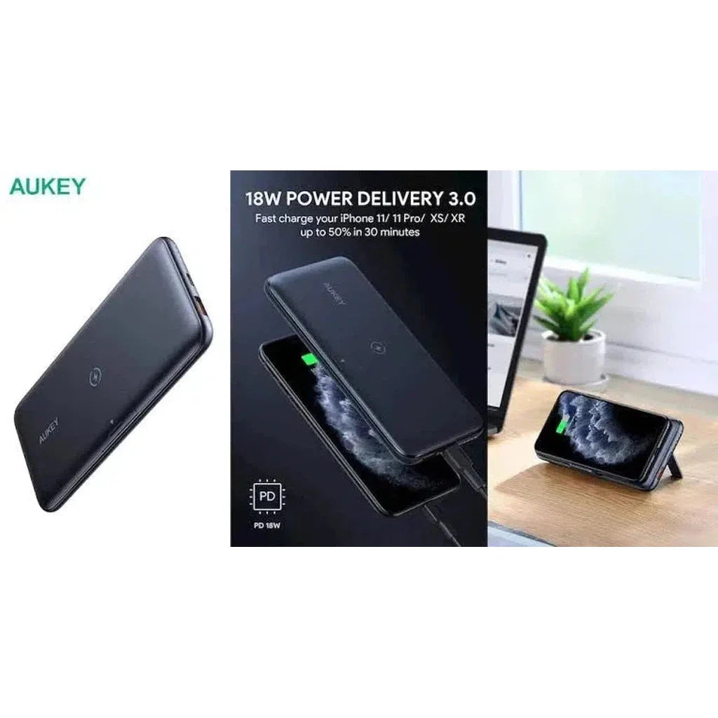 Aukey Pb-Wl02 10,000Mah Wireless Charging Power Bank - Black