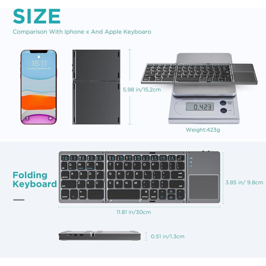 B033 Mini Folding Keyboard Bluetooth Foldable Wireless Keypad with Touchpad for Windows