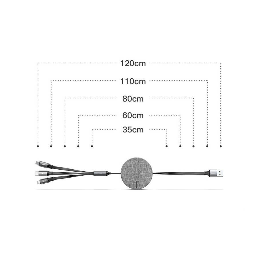 Baseus 3-In-1 USB Charging Cable, 3.5A, 1.2 Meter, Dark Grey - CAMLT-BYG1