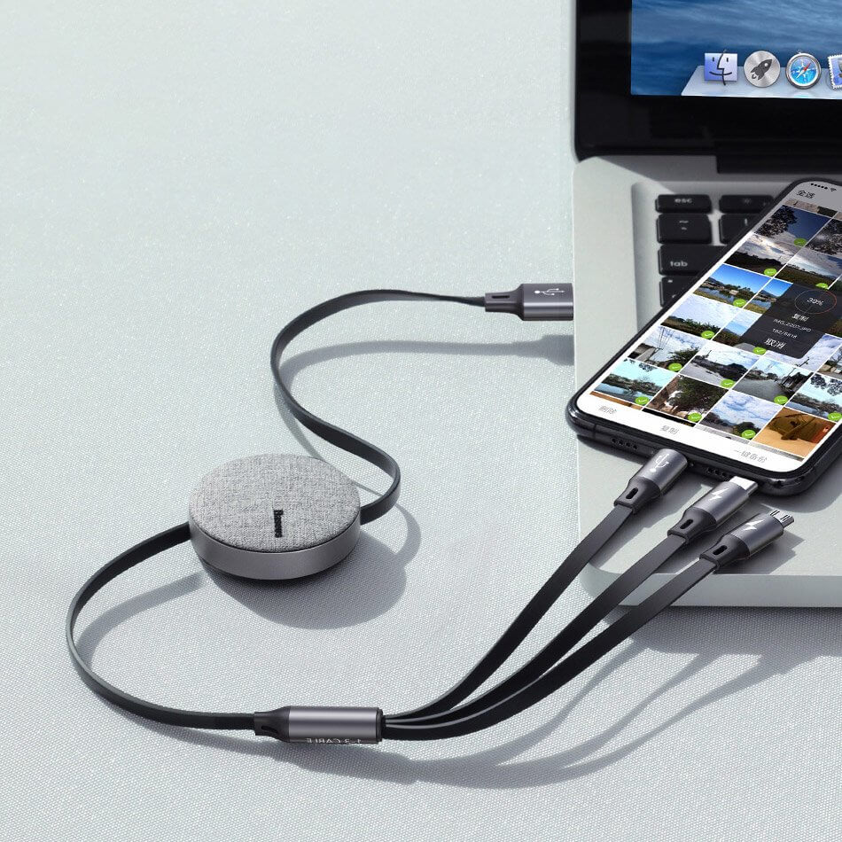 Baseus 3-In-1 USB Charging Cable, 3.5A, 1.2 Meter, Dark Grey - CAMLT-BYG1
