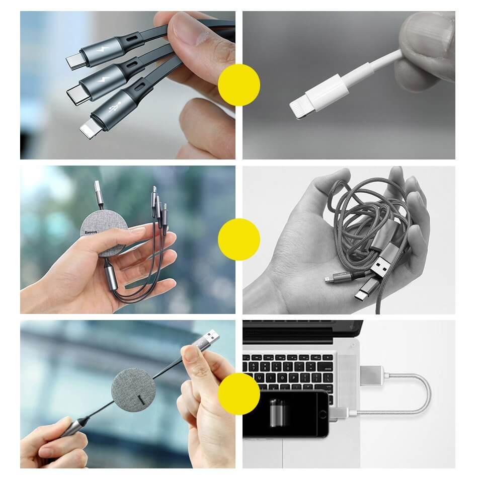 Baseus 3-In-1 USB Charging Cable, 3.5A, 1.2 Meter, Dark Grey - CAMLT-BYG1