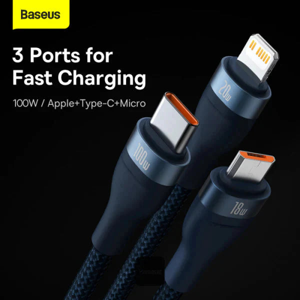 Baseus CASS03103 Flash Series II 100W Fast Charging Multi Cable 3 in 2 Cable 1.2M Blue