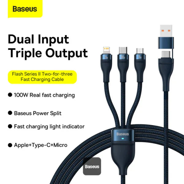 Baseus CASS03103 Flash Series II 100W Fast Charging Multi Cable 3 in 2 Cable 1.2M Blue