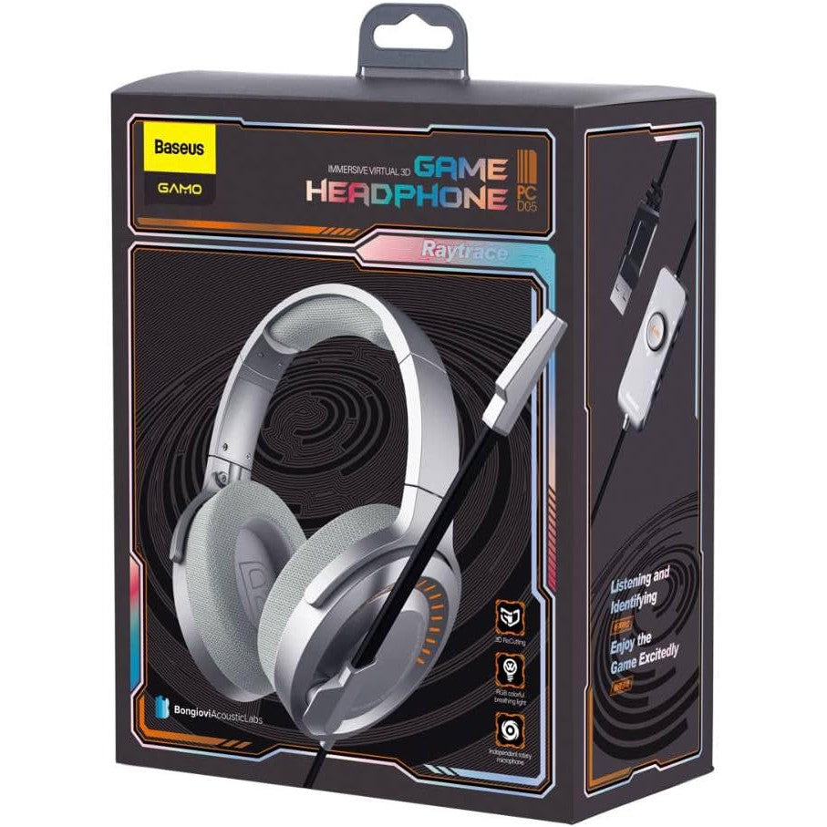 Baseus D05 3D Stereo Gaming Headphones with HD Microphone, Colorful LED Light and Type-C Connector - Grey
