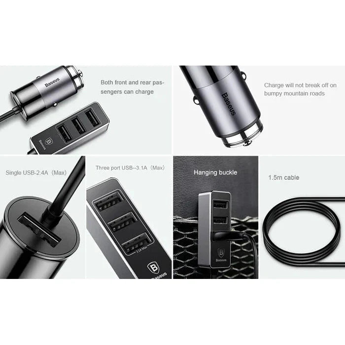 Baseus Enjoy Together With 1.5M Extension Cable 4X USB 5.5A Output Car Mobile Phone Charger Dark Gray CCTON-0G