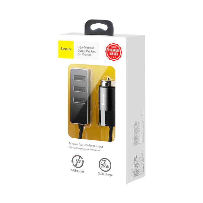 Baseus Enjoy Together With 1.5M Extension Cable 4X USB 5.5A Output Car Mobile Phone Charger Dark Gray CCTON-0G