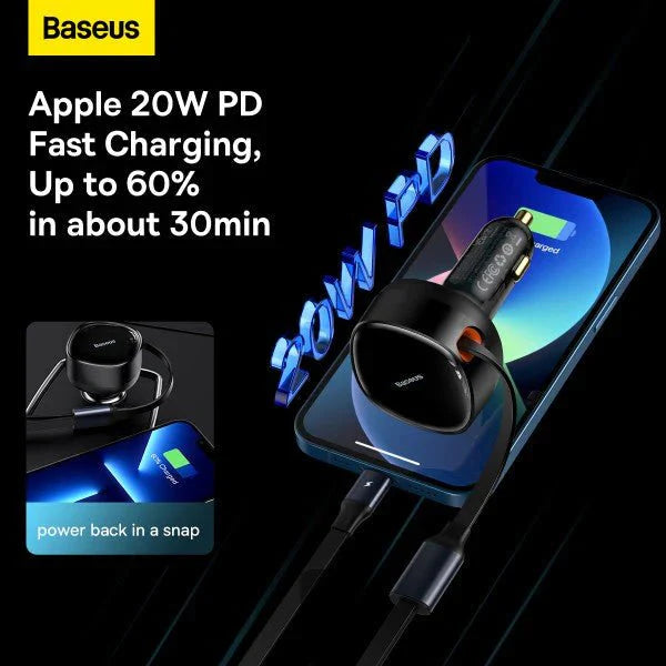 Baseus Enjoyment Retractable 2-in-1 Car Charger C+L 30W – Black
