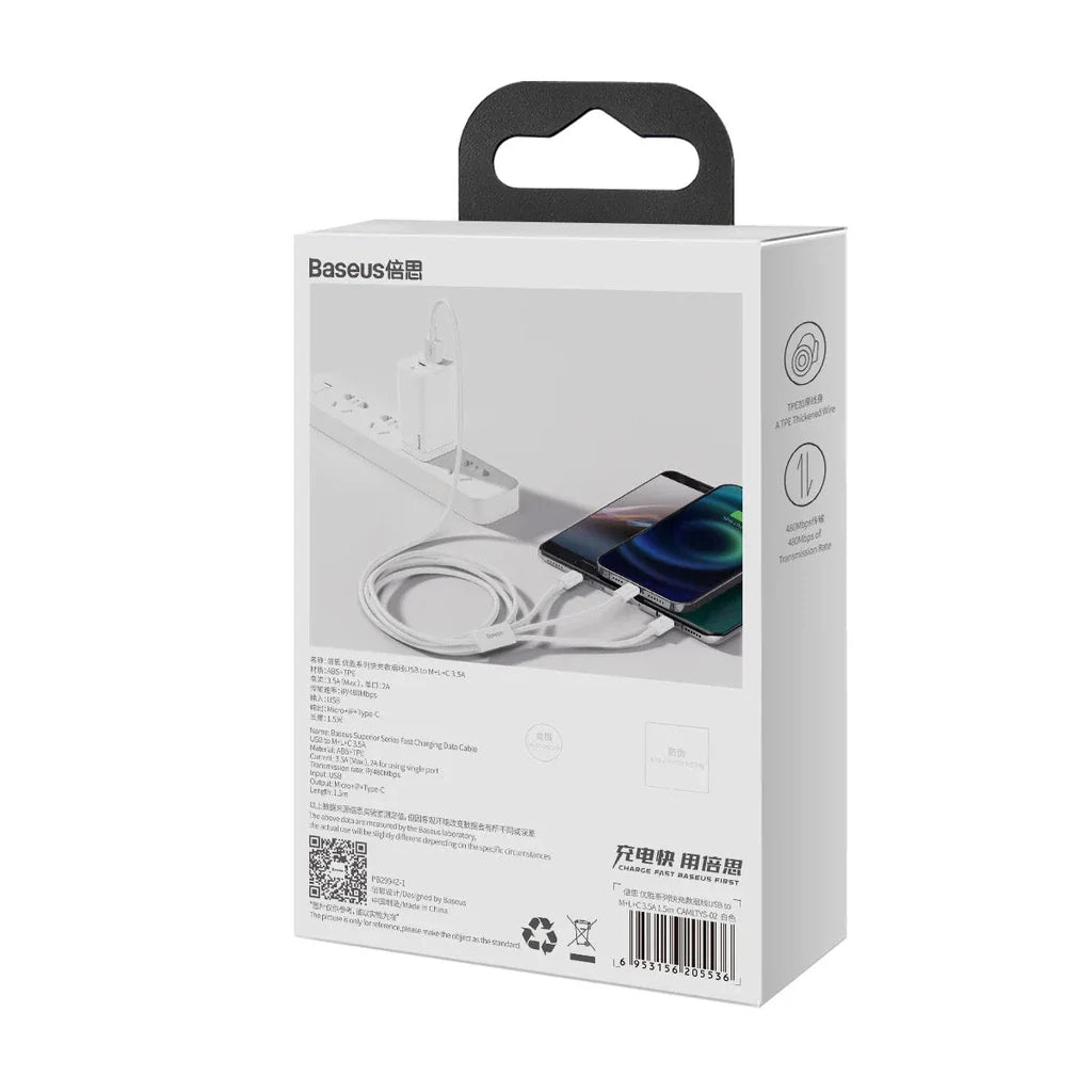 Baseus Superior Series Fast Charging Data Cable USB to M+L+C 3.5A 1.5m White