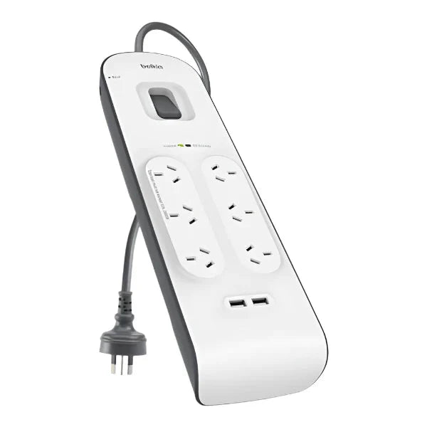 Belkin 6 Way Surge Protection Strip - 2M With 2 X 2.4Amp Usb Charging Power Extension - White