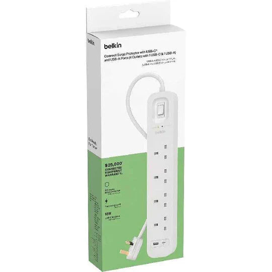 Belkin Surge Protector 4 Outlet/18W USB-A/USB-C/2Mtr- SRB001AR2M