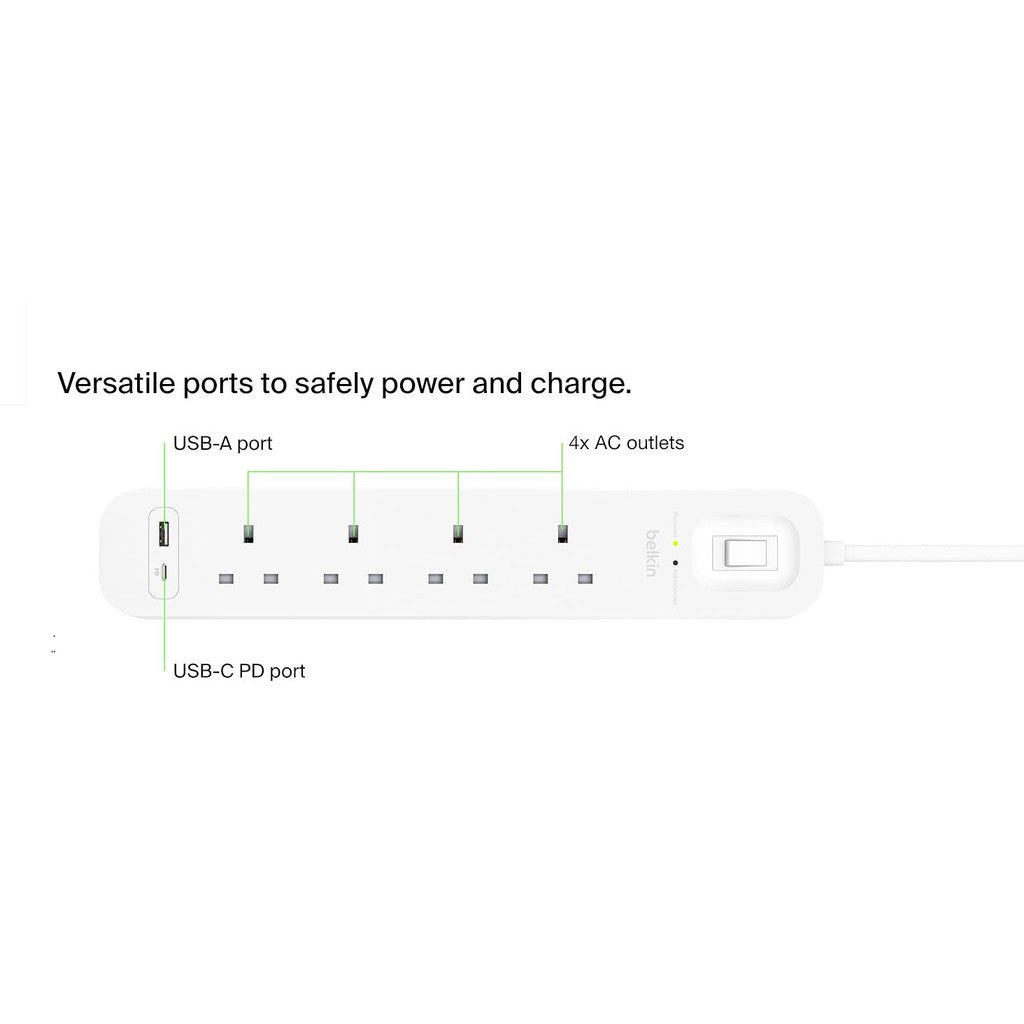 Belkin Surge Protector 4 Outlet/18W USB-A/USB-C/2Mtr- SRB001AR2M