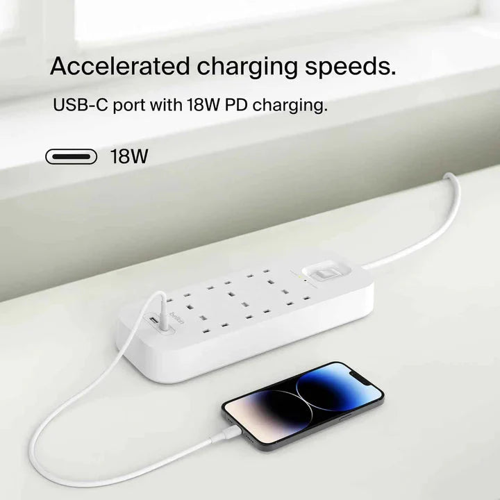 Belkin Surge Protector 6 Outlet/18W USB-A/USB-C/2Mtr-SRB002AR2M